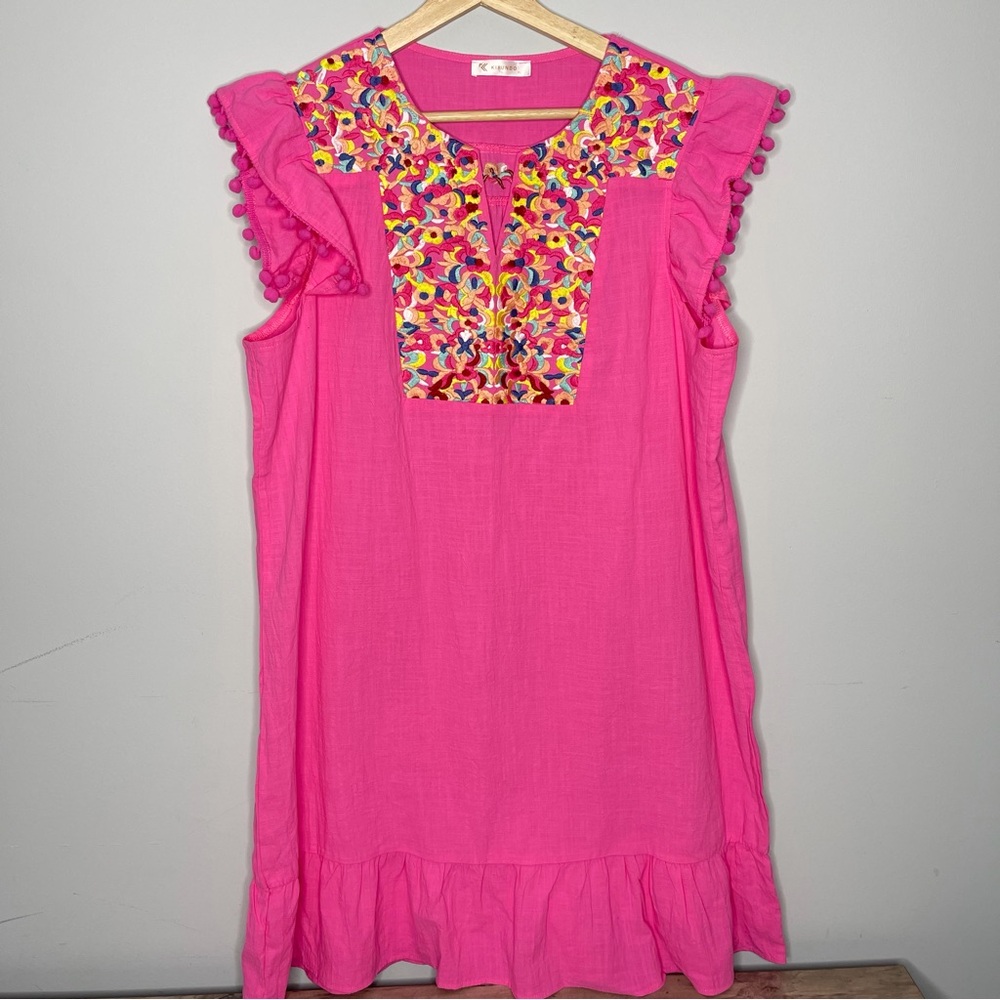 Ladies Kirundo Bright Pink Embroidered baby doll'‎ Dress size xl X-Large